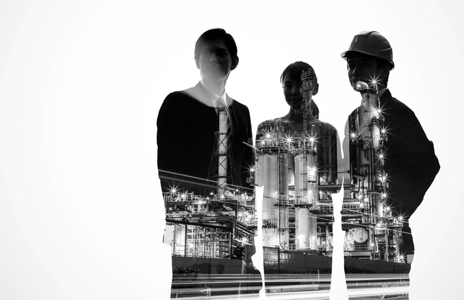 Double Exposure image of 3 people in suits with a construction site in their silhouette