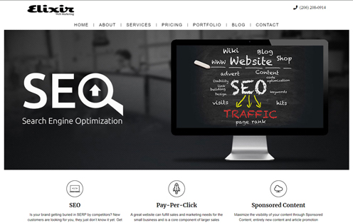 Screenshot of Elixir Web Marketing's website homepage