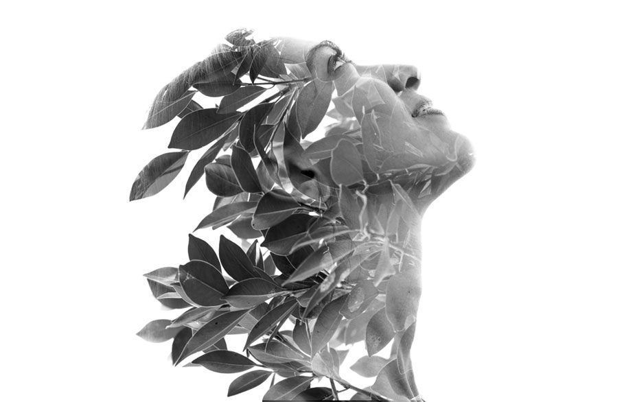 Double exposure portrait of a woman with leaves flowing through her silhouette