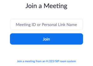 Zoom App "Join a Meeting" screen where you can enter Meeting ID or Personal Link Name