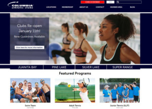 Website design for Columbia Athletic Clubs. Screenshot.